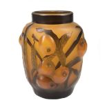 Gallé Cameo Art Glass Blown Molded Vase, c. 1900, marked, amber body with persimmon or loquat