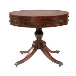 Regency-Style Mahogany Drum Table, inset leather top, faux drawer, frieze with one drawer,