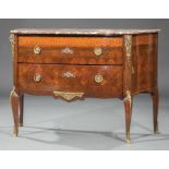 Louis XVI-Style Bronze-Mounted Marquetry, Parquetry and Kingwood Commode, rouge marble top, two deep