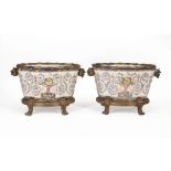 Pair of Italian Bronze-Mounted Jardinieres, Classical figure and floral design, h. 11 1/4 in., w. 17