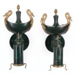 Empire Tole Peinte and Gilt Metal Two-Light Argand Sconce, 19th c., h. 13 1/2 in., w. 11 in., d.