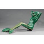 Painted Cast Iron Garden Figure of a Reclining Mermaid, h. 17 in., l. 38 in., d. 13 in