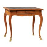 Louis XV-Style Carved Fruitwood Writing Table, 19th c., inset tooled leather top, molded surround,