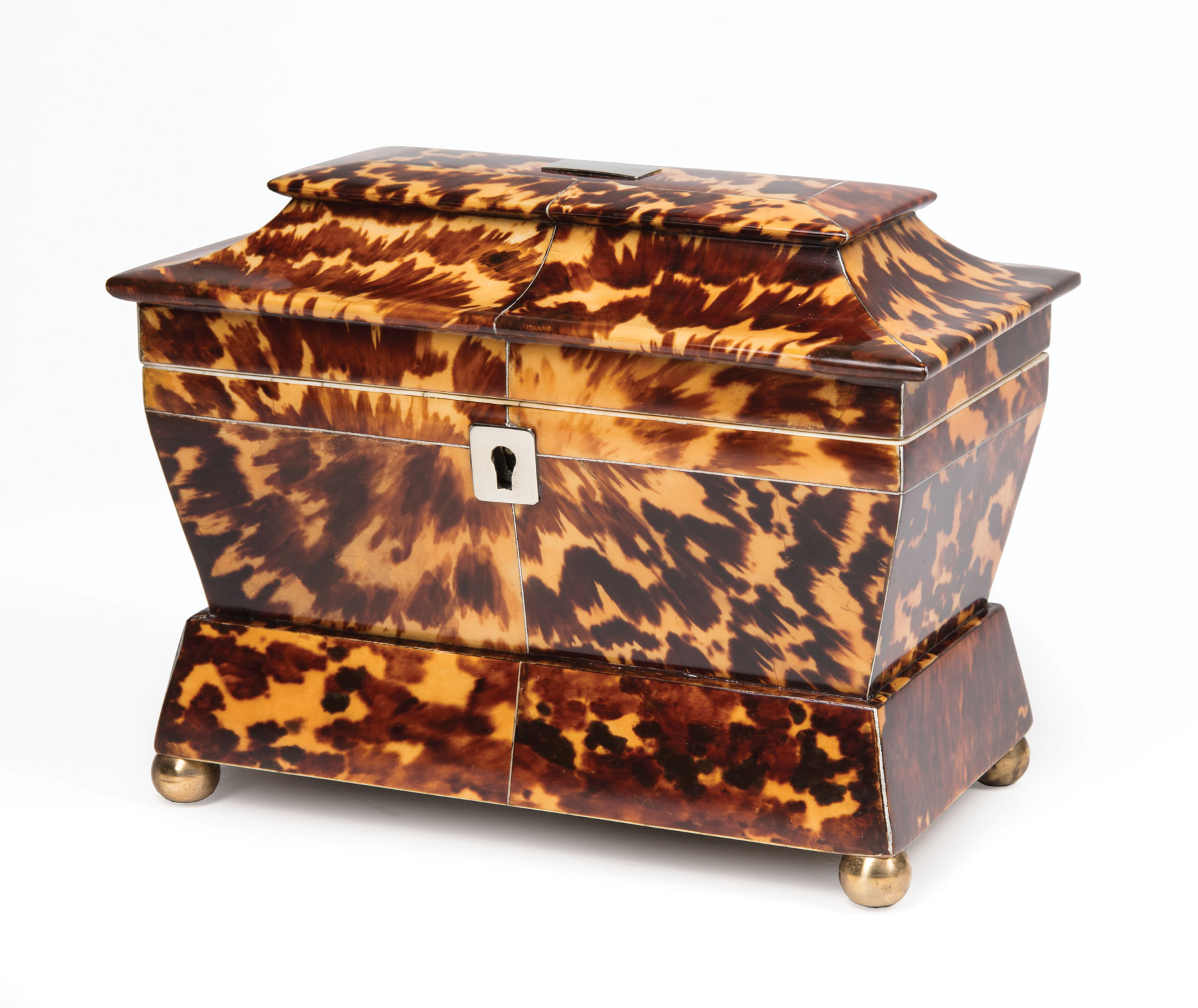 George III Tortoiseshell Tea Caddy, early 19th c., sarcophagus form, lid with blank cartouche,