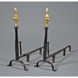 Pair of English Brass and Wrought Iron Andirons, 19th c., turned finial, penny feet, h. 23 in., w.