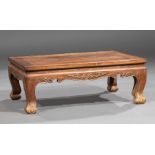 Chinese Hardwood Low Table, probably huanghuali, waisted rectangular top, scroll frieze, curved