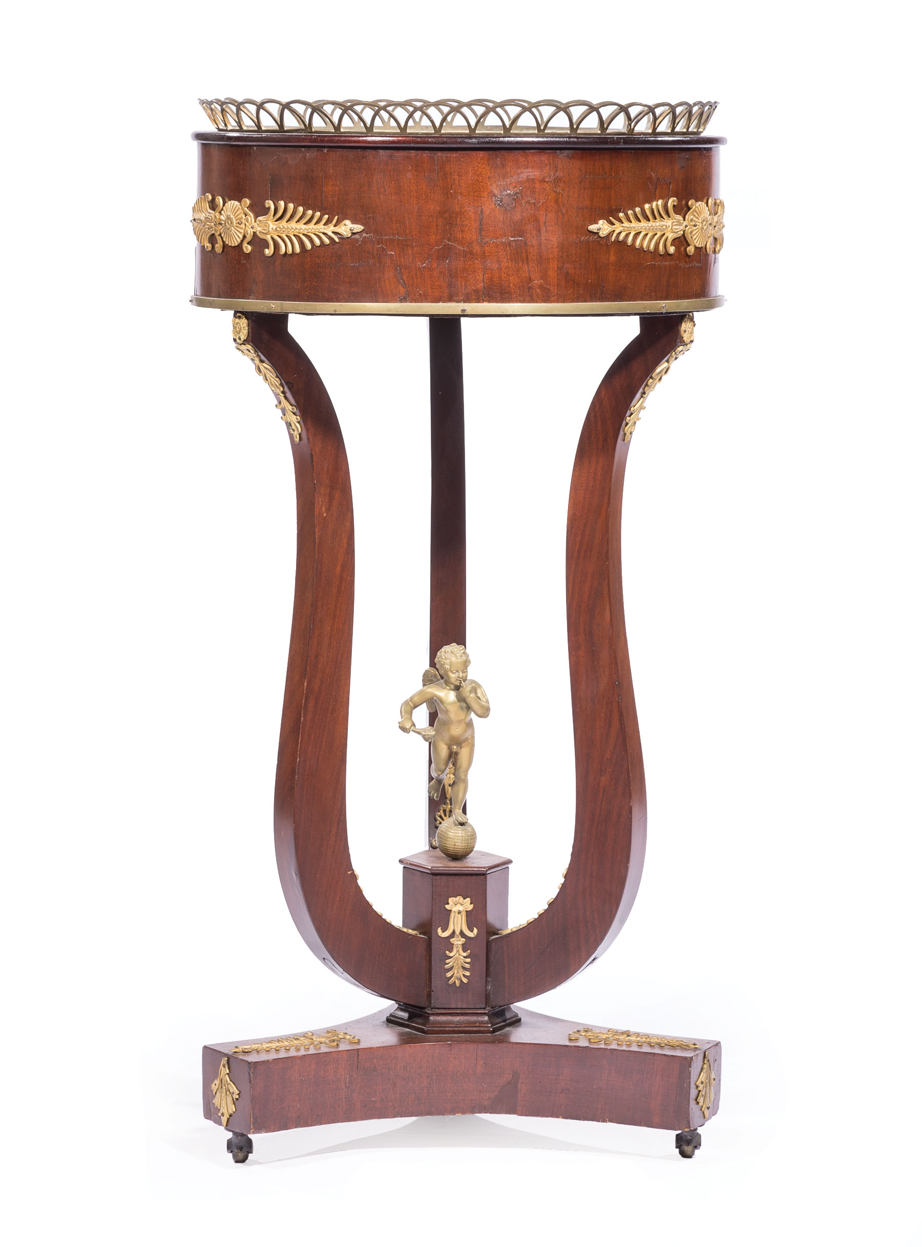 Neoclassical-Style Brass and Bronze-Mounted Mahogany Jardiniere, 20th c., shaped brass gallery,