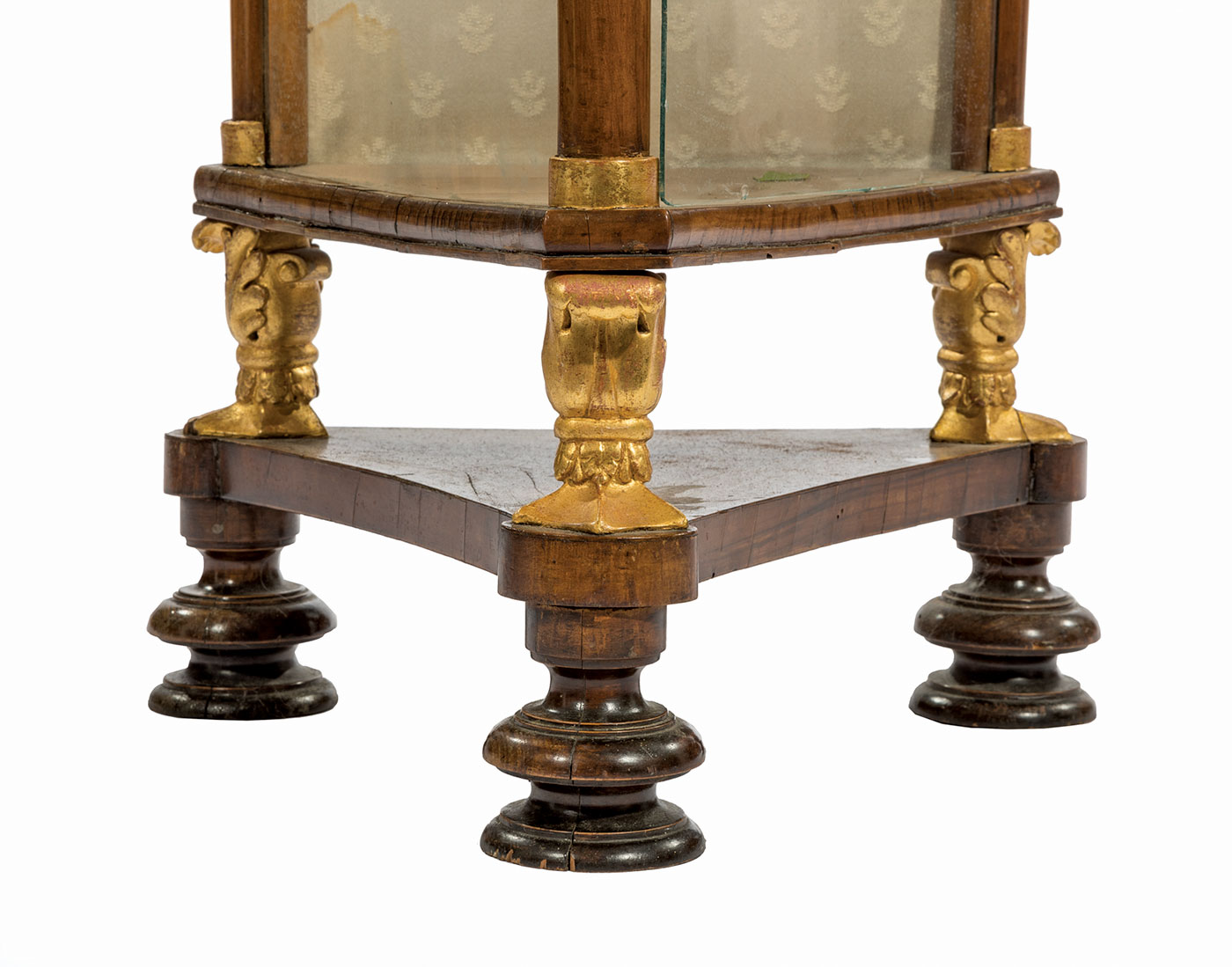 Biedermeier Parcel Gilt Fruitwood Vitrine Cabinet, 19th c., molded dished top, three hippocampus - Image 3 of 3