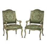 Pair of Italian Carved and Painted Armchairs, 19th c., arched crest rail, scrolled shaped arms,