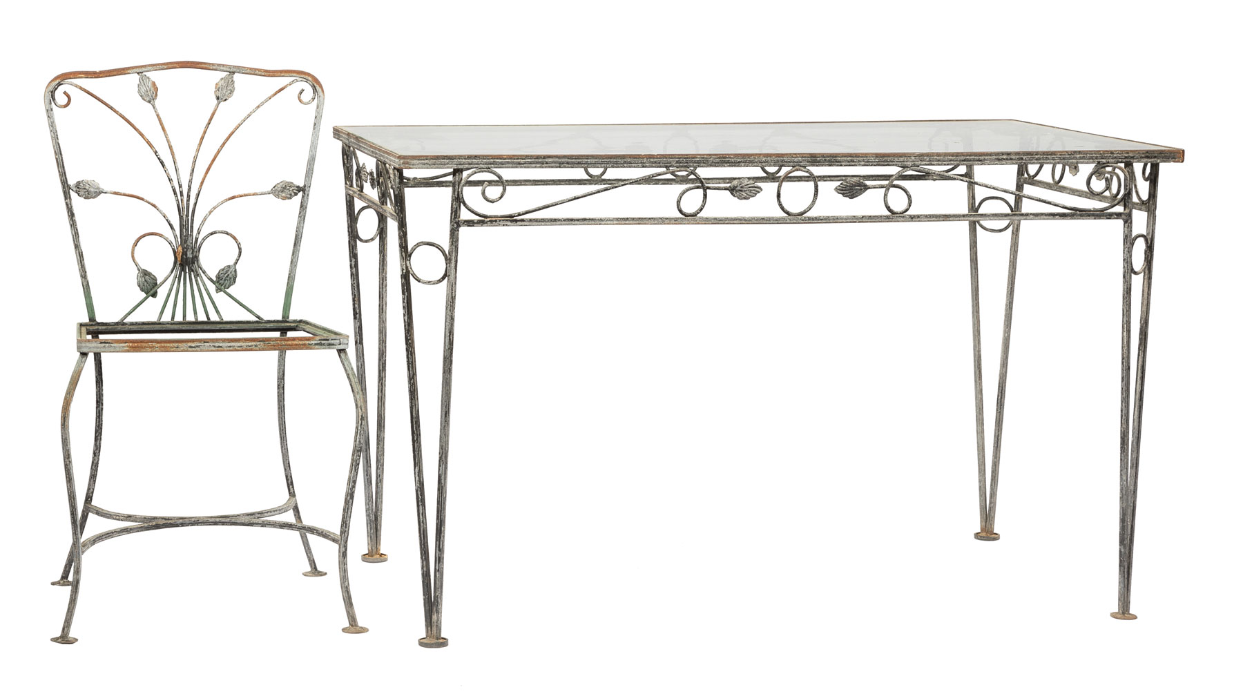 Vintage Wrought Iron Garden Suite, incl. four chairs and table with associated glass top, scroll and - Image 2 of 5