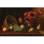 Continental School, 19th/20th c ., "Still Life of Poppies in Vase and Fruit", oil on panel,