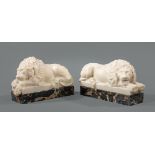 Pair of Italian Grand Tour Carved Marble Recumbent Lions, 19th c., after Canova, Egyptian marble