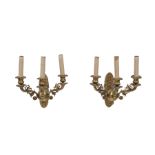 Pair of Empire-Style Bronze Three-Light Wall Sconces, scroll arms, electrified, h. 10 in., w. 10
