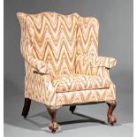 Antique American Carved Walnut Wing Chair, possibly New England, serpentine crest, acanthine