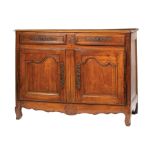 French Provincial Carved Fruitwood Buffet Bas, 19th c., molded top, two frieze drawers over two