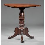 American Classical Carved Mahogany Candlestand, early 19th c., Philadelphia, banded tilt-top, ring-