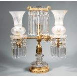 Large American Bronze and Cut-Crystal Double Argand Lamp, c. 1840, marked "LOUIS VERON & Co./