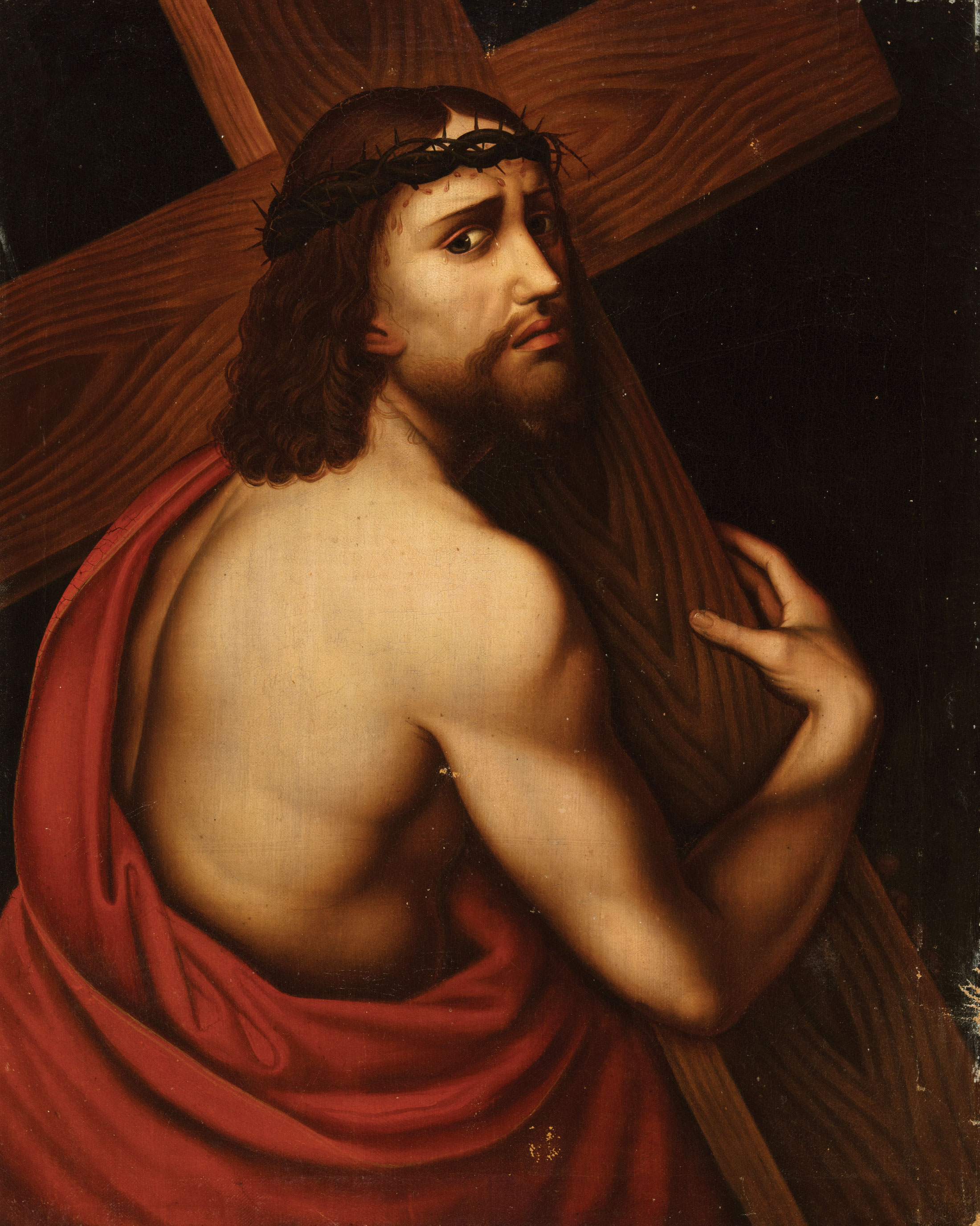 Continental School, 19th c ., "Jesus Carrying the Cross", oil on canvas, unsigned, 27 in. x 21 3/4