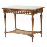 Louis XVI-Style Carved Giltwood Center Table, early 20th c., inset marble top, pierced frieze,