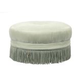 Upholstered Circular Ottoman, skirted with bullion fringe, casters, h. 20 in., diameter 36 in
