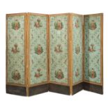 Continental Zuber-Style Five-Panel Screen, early 19th c., figural and floral still life cartouche,