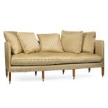 Regency-Style Walnut Sofa, loose cushioned back, silk upholstery, tapered legs, casters, h. 42