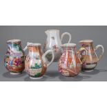 Four Chinese Export Mandarin Palette Porcelain Cream Pitchers, 18th c., Qianlong, decorated with