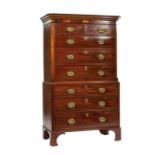 George III-Style Inlaid Mahogany Chest-on-Chest, stepped cornice, upper case with five drawers,