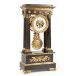 Napoleon III Patinated and Gilt Bronze Portico Clock, 19th c., rosette-mounted pediment, over fluted
