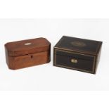 Antique English Inlaid Mahogany Tea Caddy ; canted corners, interior with mixing bowl and two