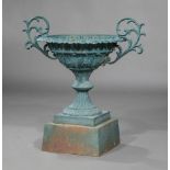 American Cast Iron Garden Urn, 19th c., outswept scrolled arms, acanthine body, plinth base;