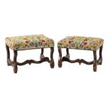 Pair of Italian Carved Walnut and Needlepoint Stools, 19th c., "os de mouton" H stretcher base, h.