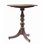 American Federal Carved Mahogany Candlestand, early 19th c., tilt-top, baluster and ring-turned