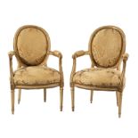 Pair of Antique Louis XVI-Style Crème Peinte and Parcel Gilt Fauteuils, oval back, padded scrolled