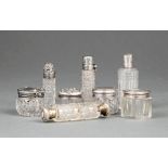 Group of Antique English and American Cut Glass Rouge Pots and Scent Bottles, variously mounted with