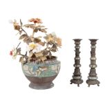 Chinese Hardstone Tree Set in a Bronze and Cloisonne Enamel Pot, wrapped branches issuing colorful