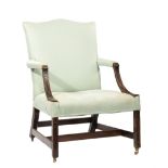 Chippendale-Style Mahogany Armchair, bowed back, scrolled fretwork supports, fretwork front legs,