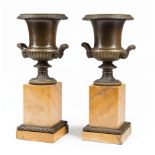Pair of Charles X Patinated Bronze and Sienna Marble Medici Urns, 19th c., tall pedestal base, h. 14