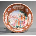 Chinese Export Mandarin Palette Porcelain Wash Bowl, 18th c., Qianlong, decorated with a female