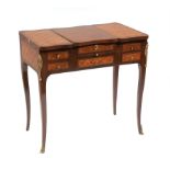 Louis XVI-Style Marquetry and Mahogany Poudreuse, early 20th c., tripartite lift top with mirror and