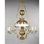 American Brass Seven-Light Chandelier, 19th c., central oil lamp and candlearms, now electrified, h.