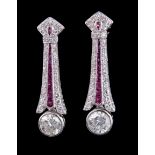 Pair of Art Deco-Style Platinum, Diamond and Ruby Dangle Earrings, 2 bezel set round cut diamonds,