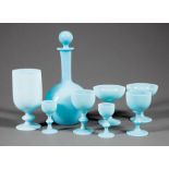 American Turquoise Opaline Glass Drinks Set, incl. decanter, h. 10 1/2 in.; 2 champagne coupes, dia.