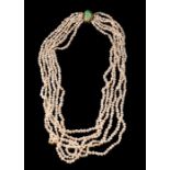 Six-Strand Biwa Pearl Necklace with 14 kt. Yellow Gold and Carved Jadeite Clasp
