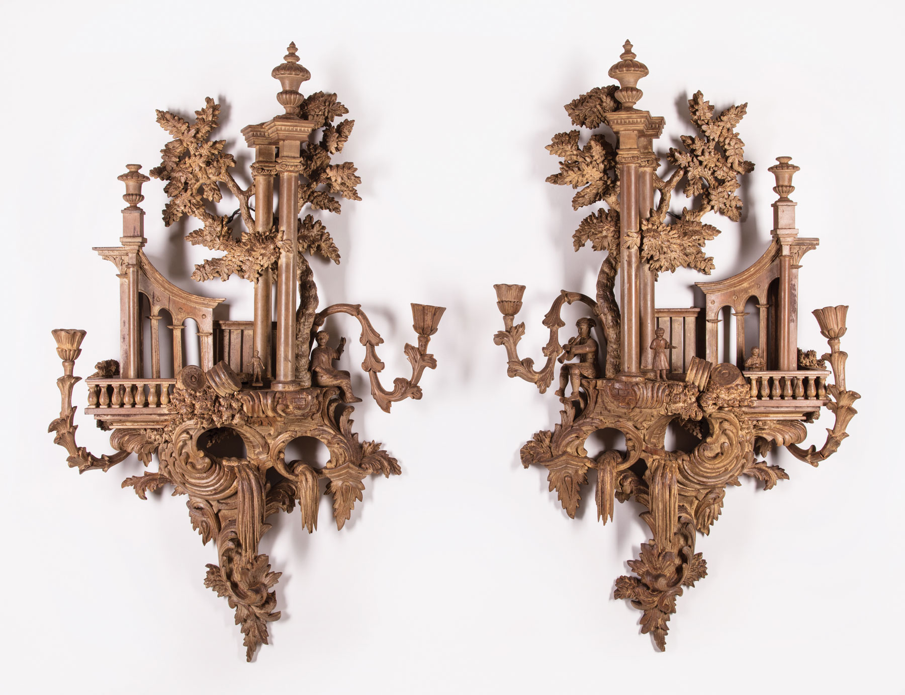 Pair of Large Chippendale-Style Carved Limewood Two-Light Sconces, 19th c., h. 48 in., w. 29 in., d.