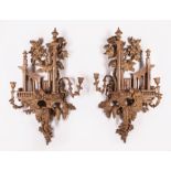 Pair of Large Chippendale-Style Carved Limewood Two-Light Sconces, 19th c., h. 48 in., w. 29 in., d.
