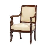 American Classical Carved Mahogany Armchair, 19th c., scrolled back, lapet-carved arms and legs,