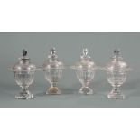 Fine Set of Four French Panel-Cut Crystal Covered Sweetmeat Urns, knob finials, lids and rims with