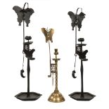 Three Korean Iron or Brass Candlestands, each with butterfly reflective backplate, incl. iron