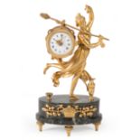 French Gilt Bronze Figural Clock, Classical maiden figure holding castanets, drum-form case, oval